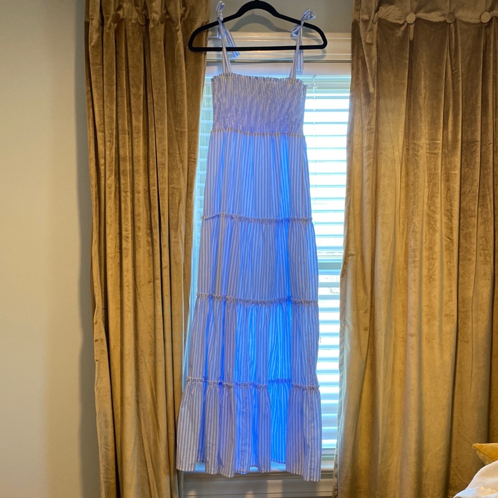 Caitlin Covington x Pink Lily blue and white striped tiered maxi dress NWT